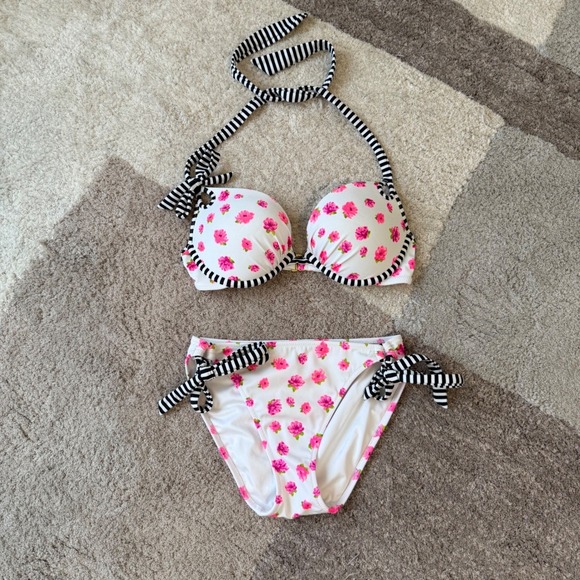 Victoria's Secret Other - Victorias Secret Floral Striped Push Up Halter Bikini Top White Pink 34C 281678